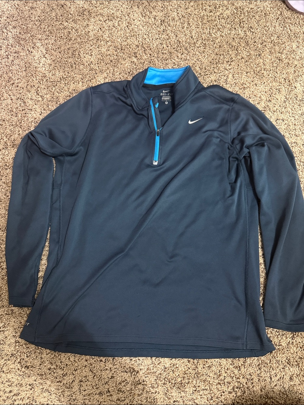 Nike Menβs Navy Blue 1/4 Zip Swim Rash Guard with Light Blue Trim